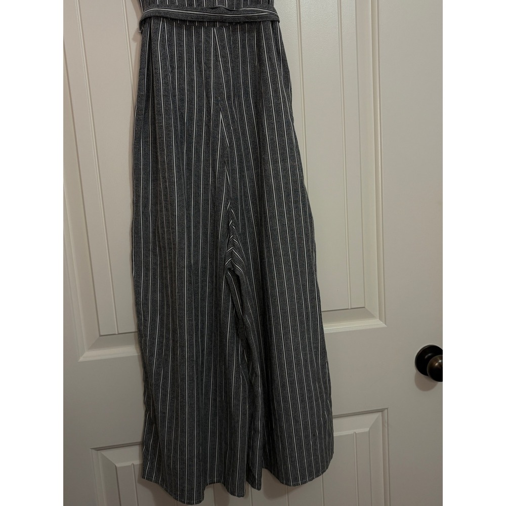 Umgee Grey Striped Off Shoulder Wide Leg Jumpsuit S Pocket Belted Ruffle Coastal - Picture 9 of 12